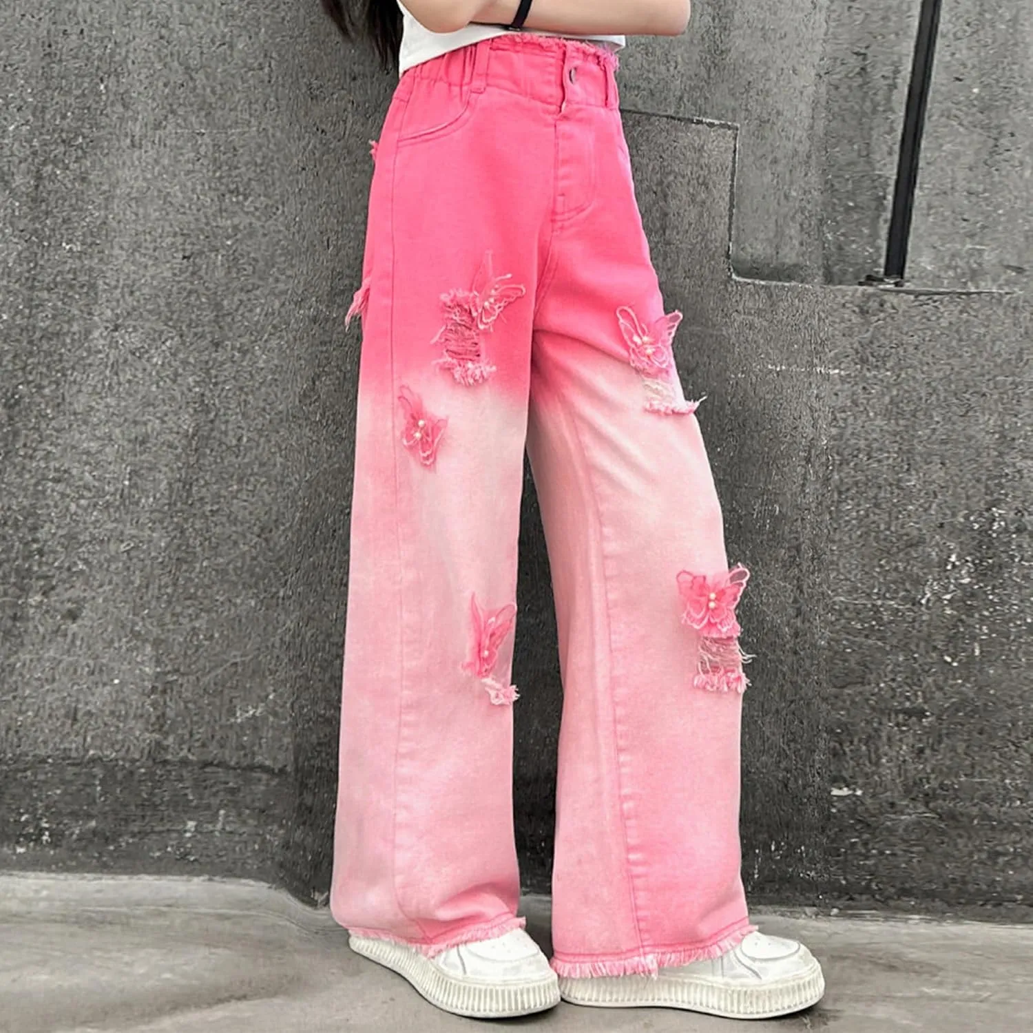 SANGTREE Girls Wide Leg Jeans Elastic Waist Denim Pants Baggy Jeans for Girls, 6-14 Years