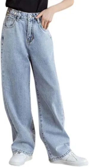 SANGTREE Girls Wide Leg Jeans Elastic Waist Denim Pants Baggy Jeans for Girls, 6-14 Years