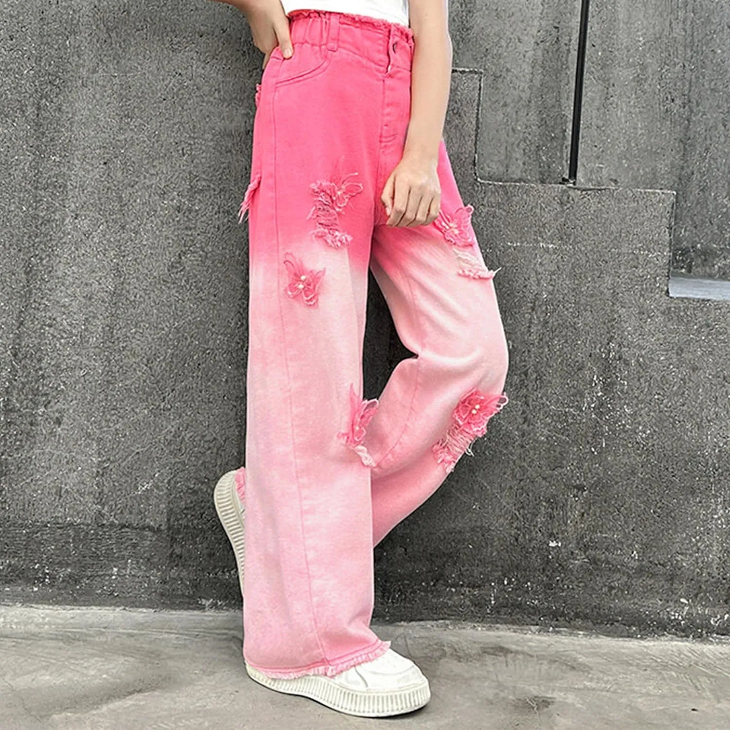 SANGTREE Girls Wide Leg Jeans Elastic Waist Denim Pants Baggy Jeans for Girls, 6-14 Years