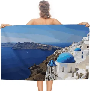 Santorini Greek Island Sea View Beach Towel Oversized Beach Blanket Waterproof Sandproof Pool Towels 31x51 Inches Quick Drying Outdoor Travel Towel Summer Essentials for Travel, Camping, Hiking