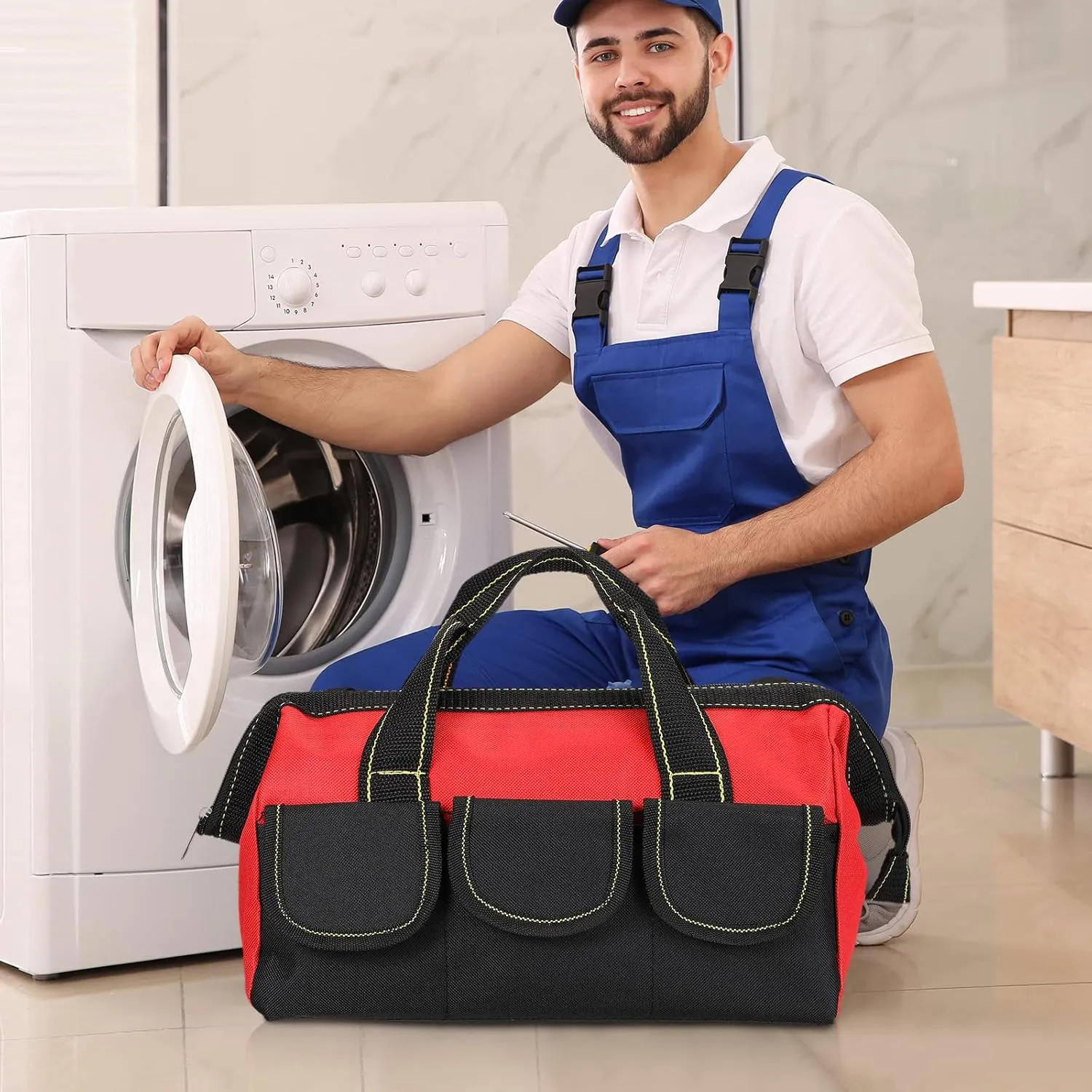 Sanwuta 3 Pack Tool Bag for Men with Waterproof Hard Bottom, Heavy Duty Tool Bag Wide Mouth Tote for Various Instrument, Electrician Carpenter Mechanic(13 Inch,Red)