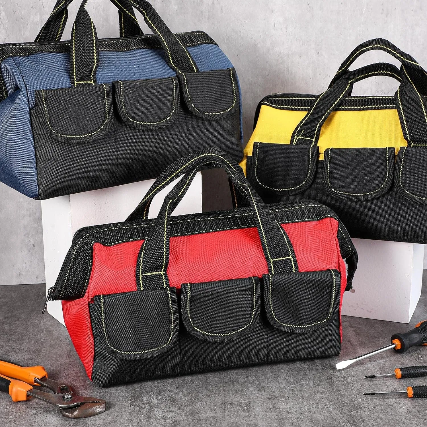 Sanwuta 3 Pack Tool Bag for Men with Waterproof Hard Bottom, Heavy Duty Tool Bag Wide Mouth Tote for Various Instrument, Electrician Carpenter Mechanic(13 Inch,Red)