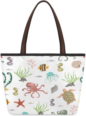 Seabed Animals Fish Octopus Tote Bag Tote Purse for Women with Zipper Womens Handbags for Work Travel