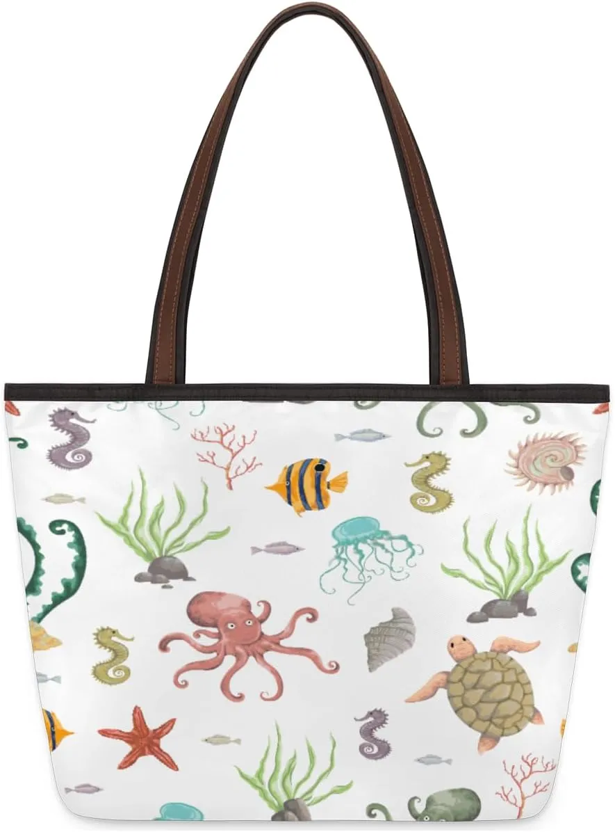 Seabed Animals Fish Octopus Tote Bag Tote Purse for Women with Zipper Womens Handbags for Work Travel