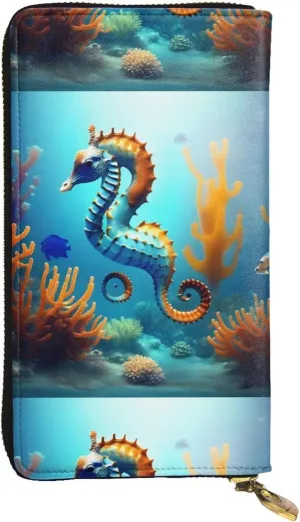 Seabed Coral Seahorse Unisex Leather Zipper Wallet Cosmetic Bag For Party Travel Holiday Gifts