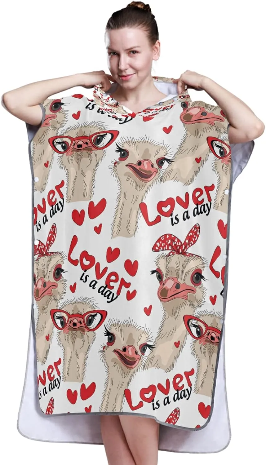 Seamless Ostriches with Red Glasses Hairpins Lover is a Day Letterings Adult Surf Poncho Changing Robe with Hood and Pocket,Quick-Drying Bathrobe,Microfiber Towel Wetsuit for Bath Beach Outdoor