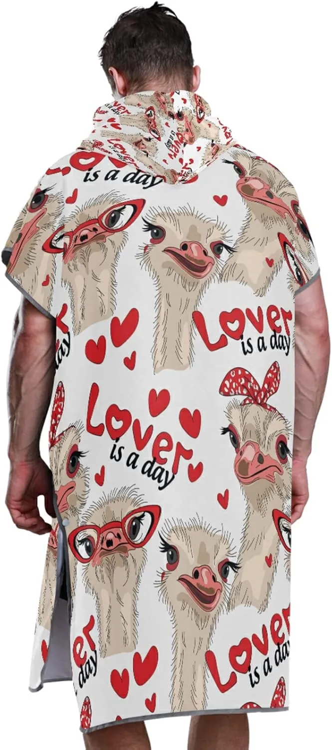 Seamless Ostriches with Red Glasses Hairpins Lover is a Day Letterings Adult Surf Poncho Changing Robe with Hood and Pocket,Quick-Drying Bathrobe,Microfiber Towel Wetsuit for Bath Beach Outdoor