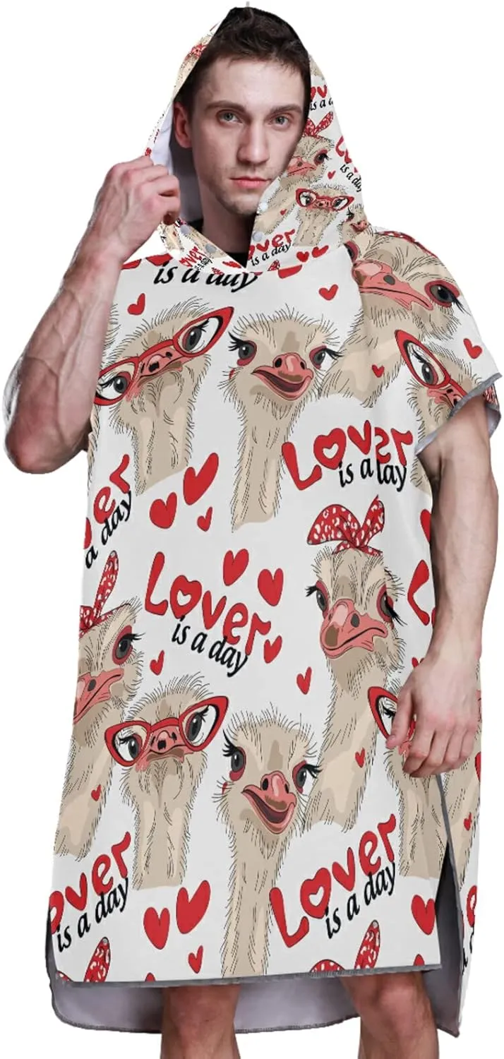 Seamless Ostriches with Red Glasses Hairpins Lover is a Day Letterings Adult Surf Poncho Changing Robe with Hood and Pocket,Quick-Drying Bathrobe,Microfiber Towel Wetsuit for Bath Beach Outdoor