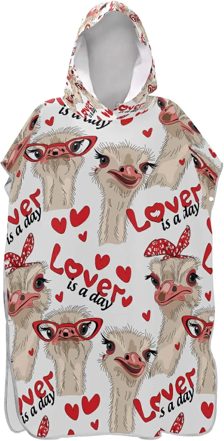 Seamless Ostriches with Red Glasses Hairpins Lover is a Day Letterings Adult Surf Poncho Changing Robe with Hood and Pocket,Quick-Drying Bathrobe,Microfiber Towel Wetsuit for Bath Beach Outdoor