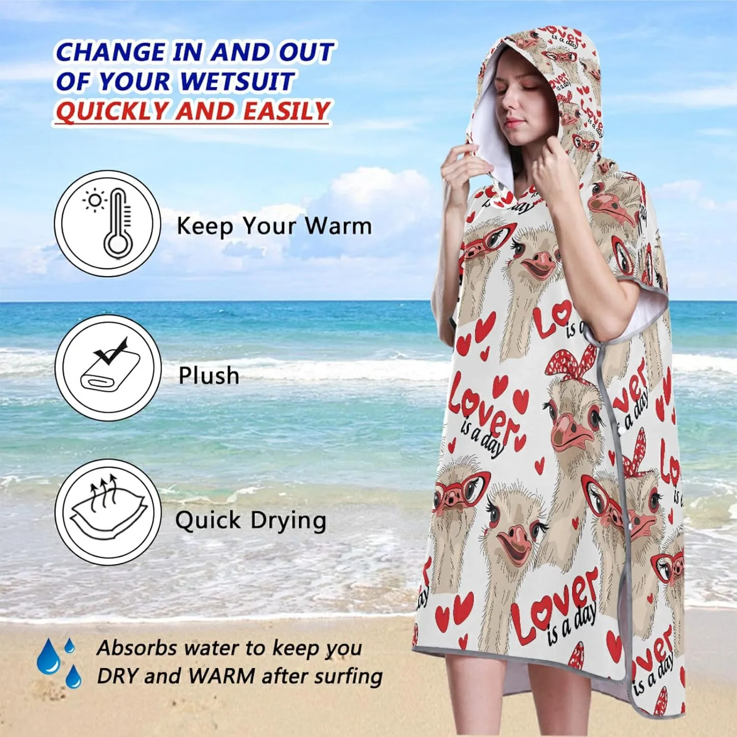 Seamless Ostriches with Red Glasses Hairpins Lover is a Day Letterings Adult Surf Poncho Changing Robe with Hood and Pocket,Quick-Drying Bathrobe,Microfiber Towel Wetsuit for Bath Beach Outdoor