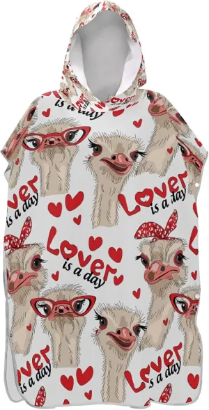 Seamless Ostriches with Red Glasses Hairpins Lover is a Day Letterings Adult Surf Poncho Changing Robe with Hood and Pocket,Quick-Drying Bathrobe,Microfiber Towel Wetsuit for Bath Beach Outdoor