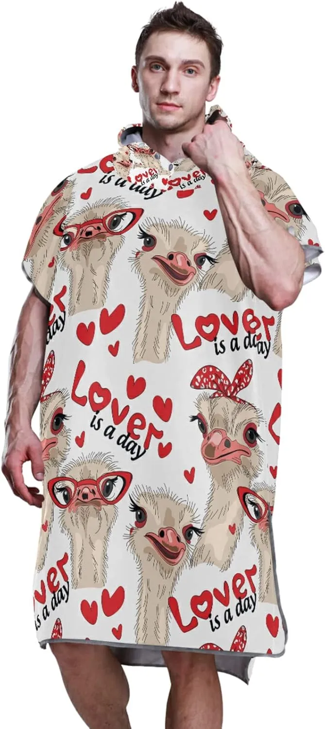 Seamless Ostriches with Red Glasses Hairpins Lover is a Day Letterings Adult Surf Poncho Changing Robe with Hood and Pocket,Quick-Drying Bathrobe,Microfiber Towel Wetsuit for Bath Beach Outdoor