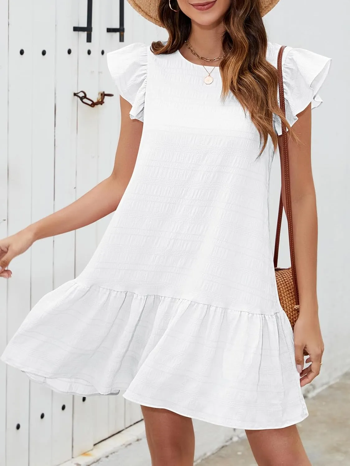 SENFURE Womens Summer Dresses Ruffle Cap Sleeve Mini Dress 2025 Crewneck Tie-Back Babydoll Short Sundress
