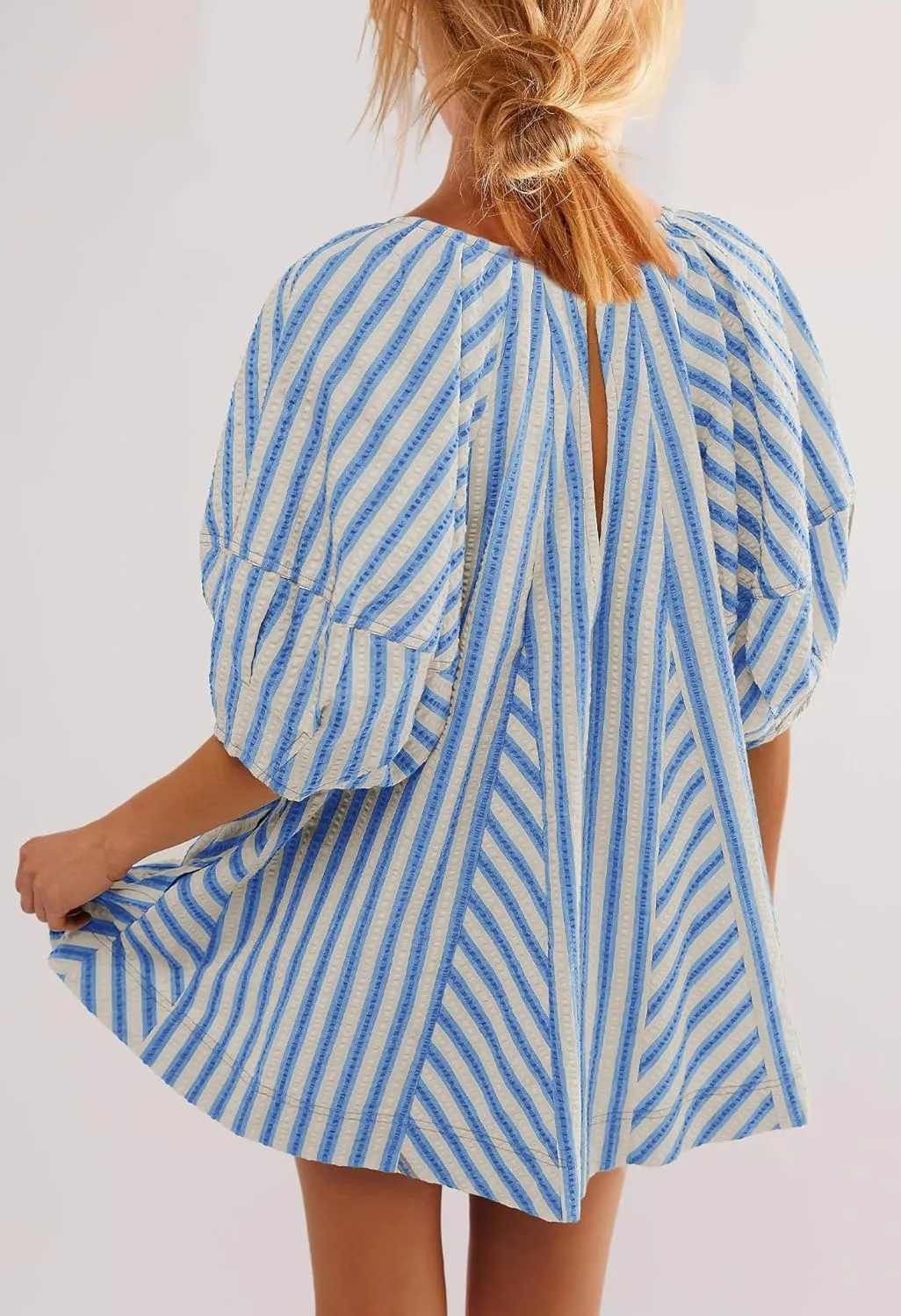 SENSERISE Womens Striped Romper Puff Sleeve Mini Shorts Romper Dress Beach Vacation Outfits with Pockets