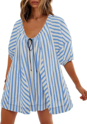 SENSERISE Womens Striped Romper Puff Sleeve Mini Shorts Romper Dress Beach Vacation Outfits with Pockets