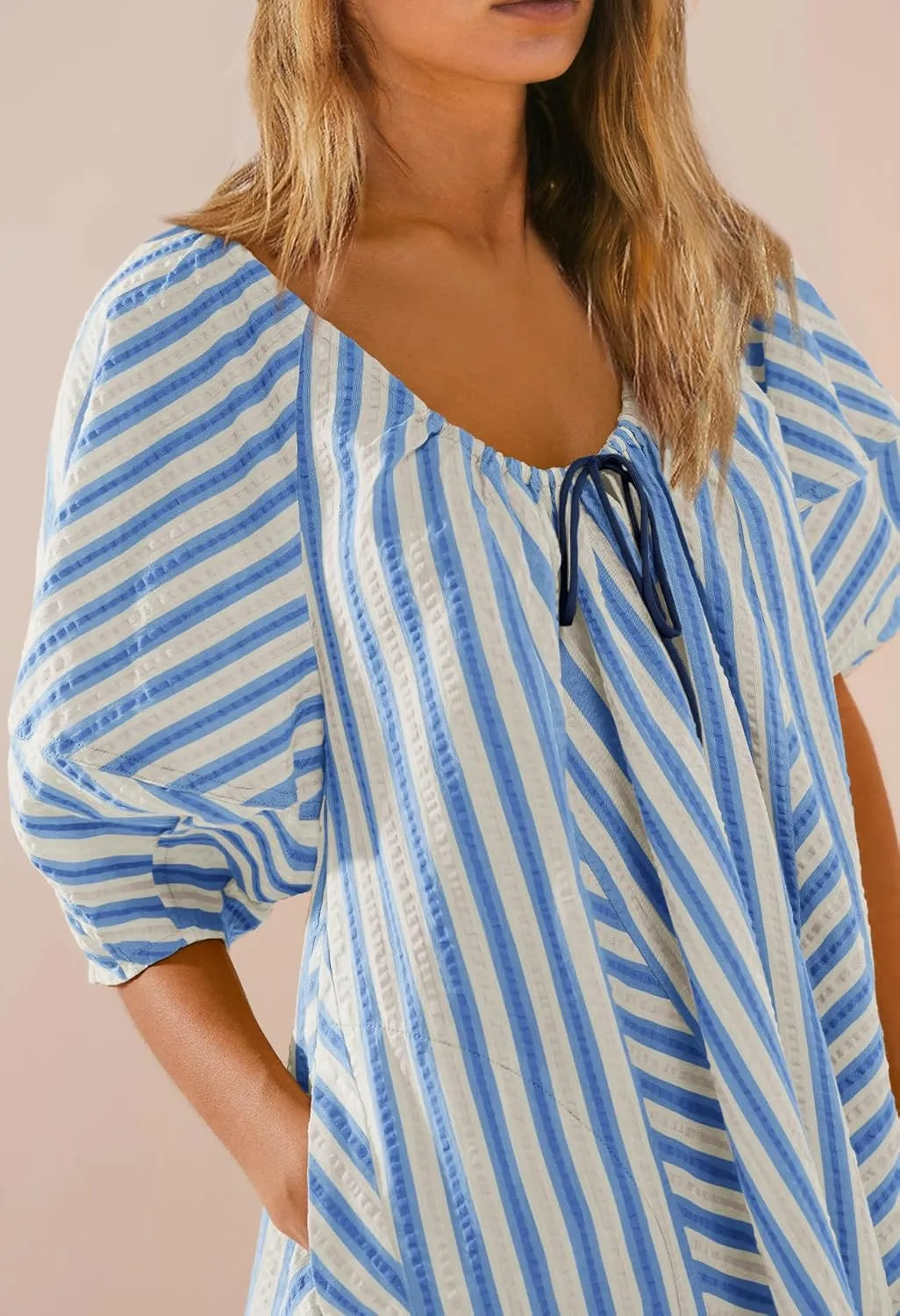SENSERISE Womens Striped Romper Puff Sleeve Mini Shorts Romper Dress Beach Vacation Outfits with Pockets