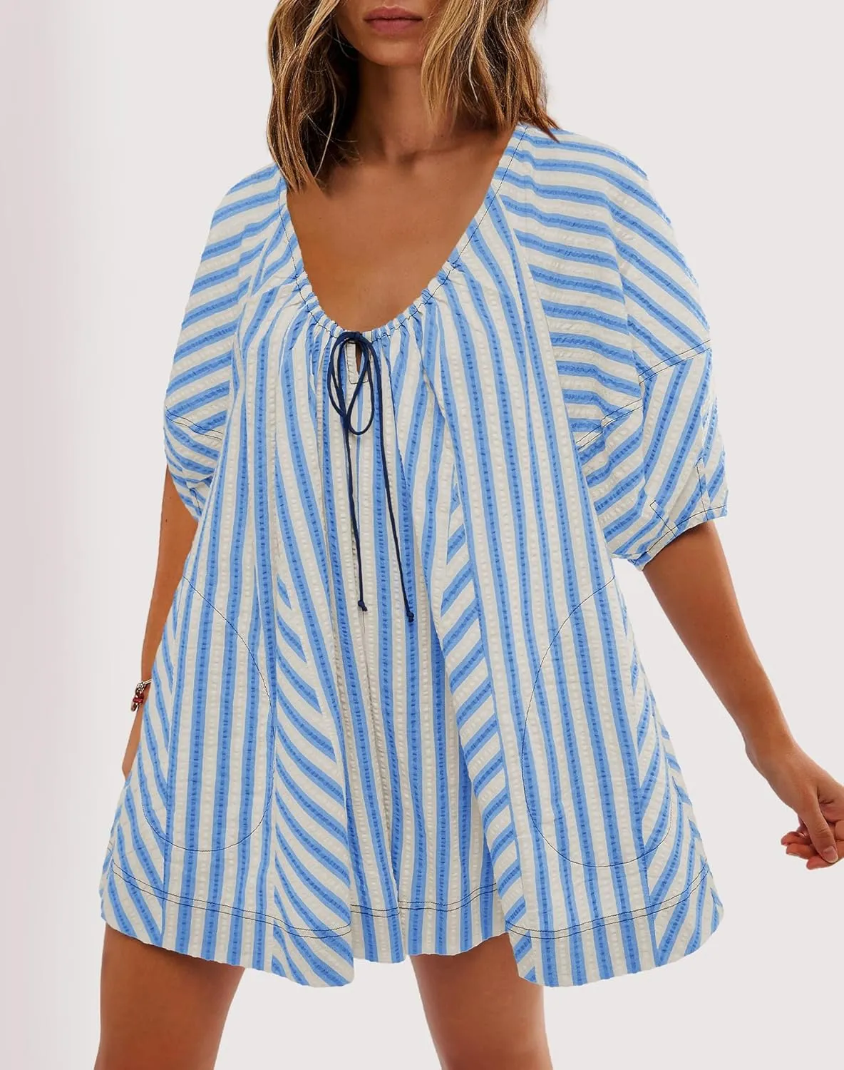SENSERISE Womens Striped Romper Puff Sleeve Mini Shorts Romper Dress Beach Vacation Outfits with Pockets