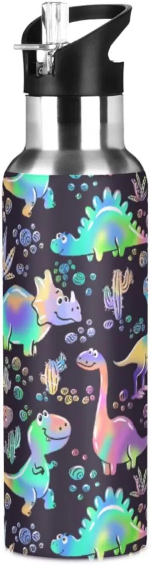 senya 20 Oz Water Bottle with Straw Rainbow Dinosaurs Stainless Steel Water Bottle for Traveling Sports Leakproof Insulated