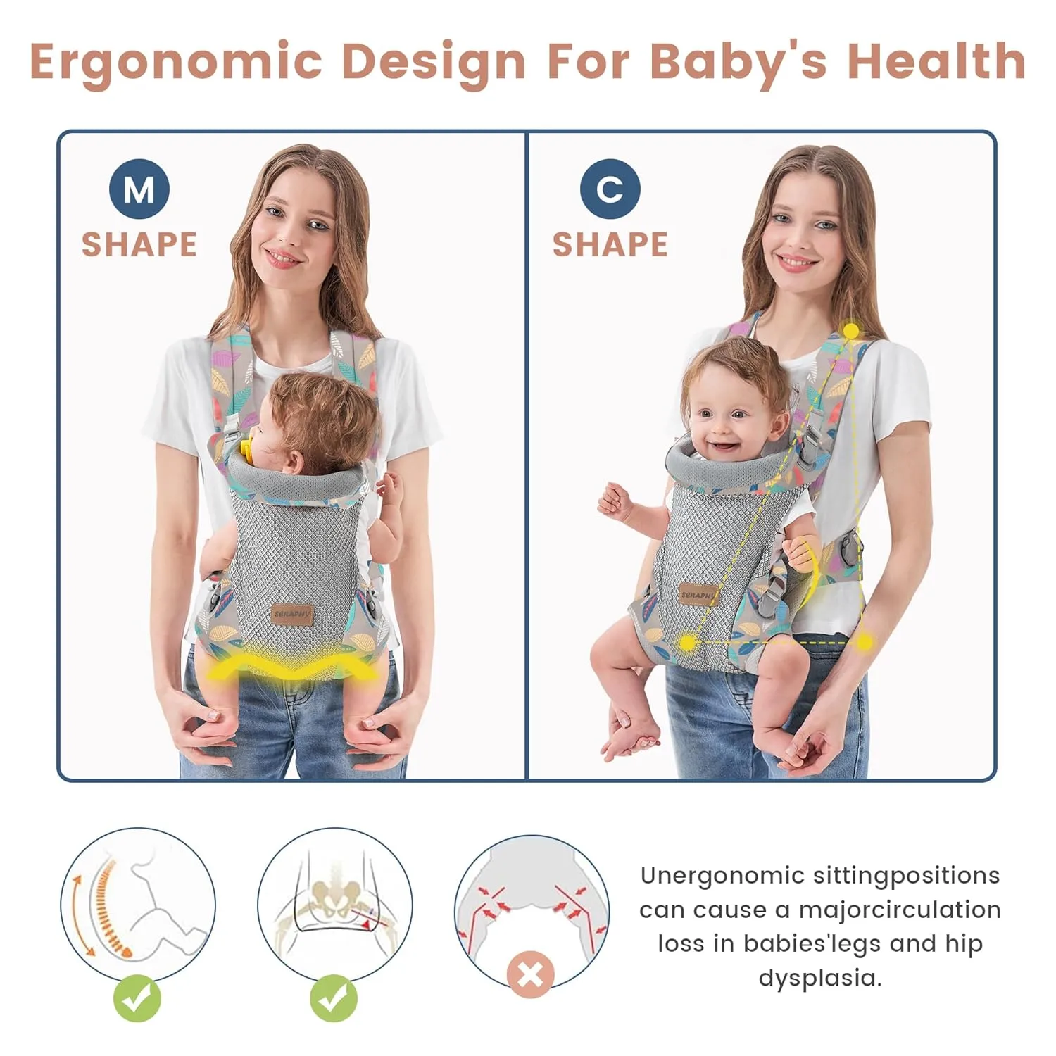 SERAPHY Baby Carrier Newborn to Toddler, Ergonomic Infant Carrier, Breathable Mesh Baby Holder Carrier, Adjustable Front Facing and Backpack Carrier for Babies 0-24 Months up to 45lbs -Grey Leave