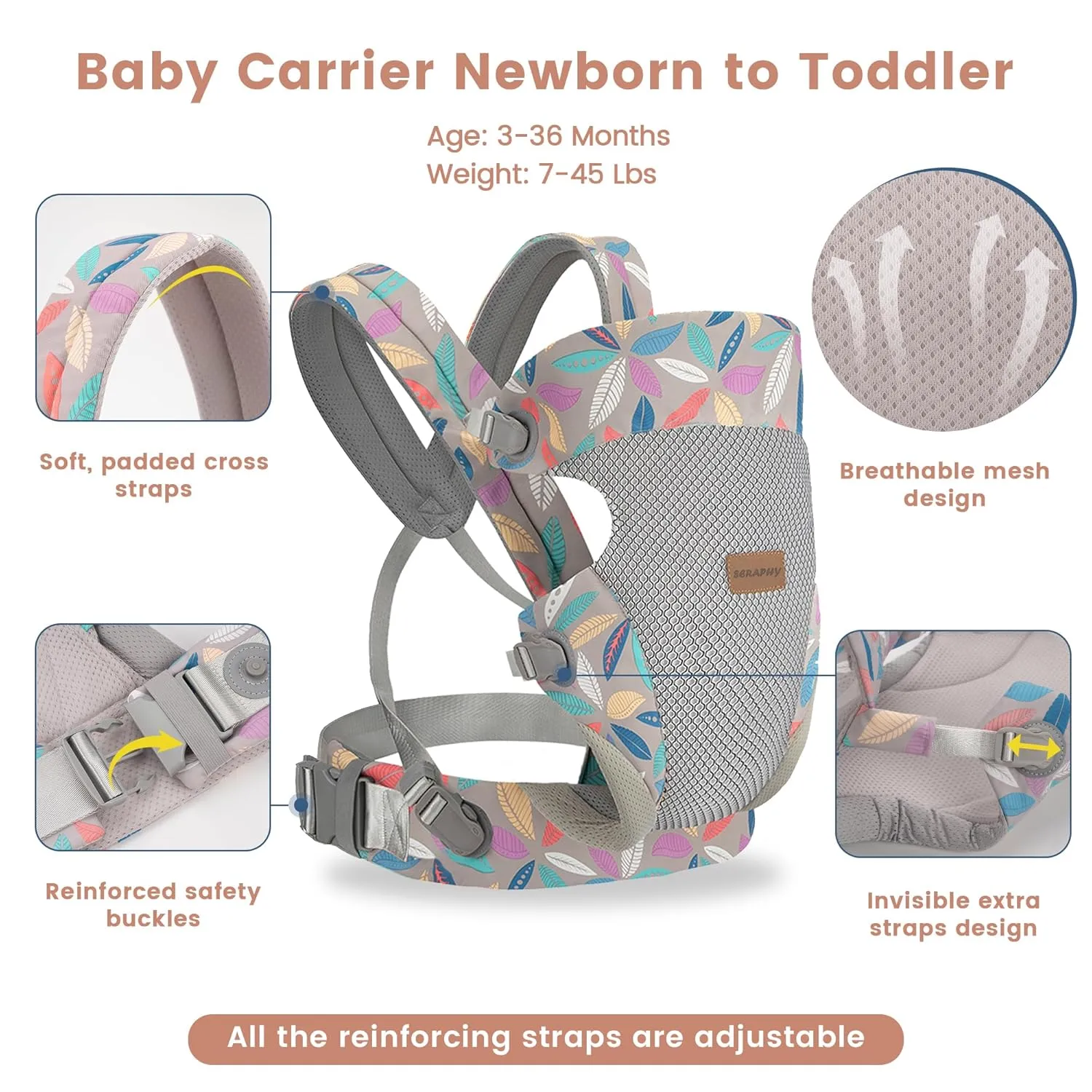 SERAPHY Baby Carrier Newborn to Toddler, Ergonomic Infant Carrier, Breathable Mesh Baby Holder Carrier, Adjustable Front Facing and Backpack Carrier for Babies 0-24 Months up to 45lbs -Grey Leave