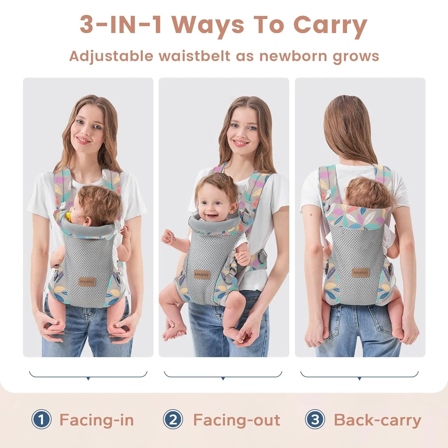 SERAPHY Baby Carrier Newborn to Toddler, Ergonomic Infant Carrier, Breathable Mesh Baby Holder Carrier, Adjustable Front Facing and Backpack Carrier for Babies 0-24 Months up to 45lbs -Grey Leave