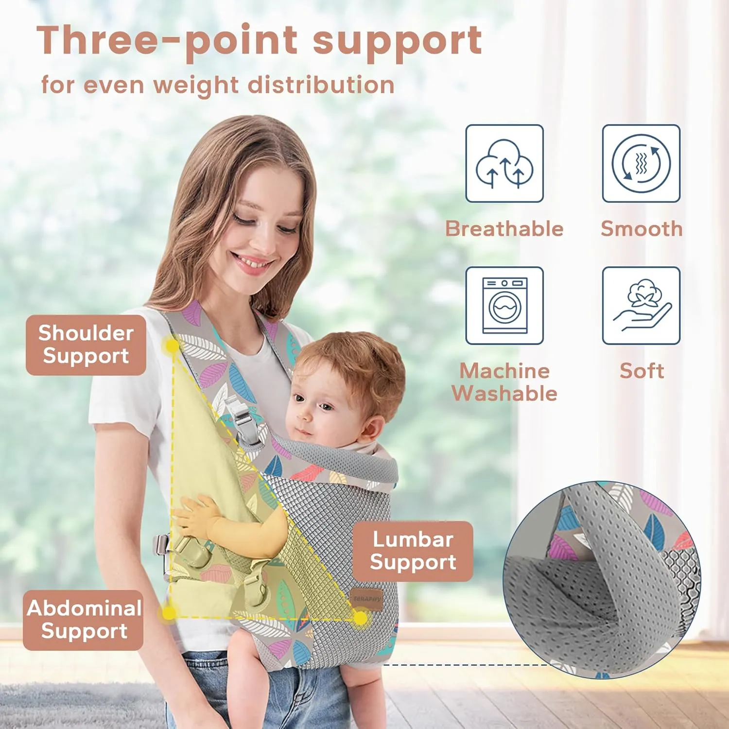 SERAPHY Baby Carrier Newborn to Toddler, Ergonomic Infant Carrier, Breathable Mesh Baby Holder Carrier, Adjustable Front Facing and Backpack Carrier for Babies 0-24 Months up to 45lbs -Grey Leave