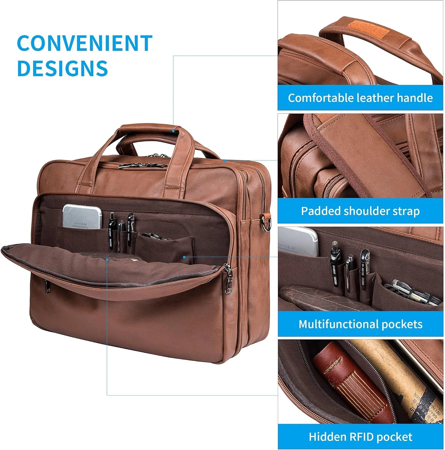 seyfocnia Leather Laptop Bag, Men's 15.6 Inche 17.3 Inche Messenger Briefcase Business Satchel Computer Handbag Shoulder Bag