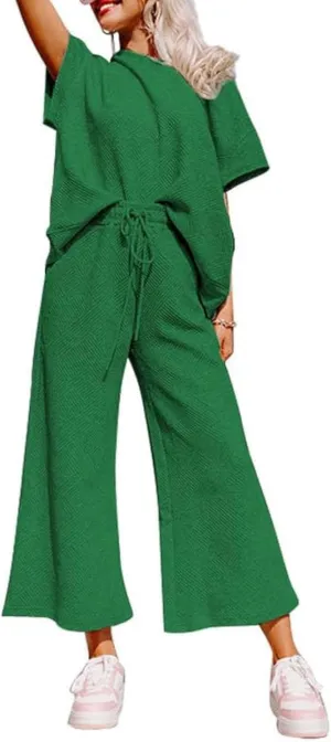 SHEWIN Women's 2 Piece Outfits Sweatsuit Casual Short Sleeve Pullover Tops and Drawstring Wide Leg Pants Lounge Sets