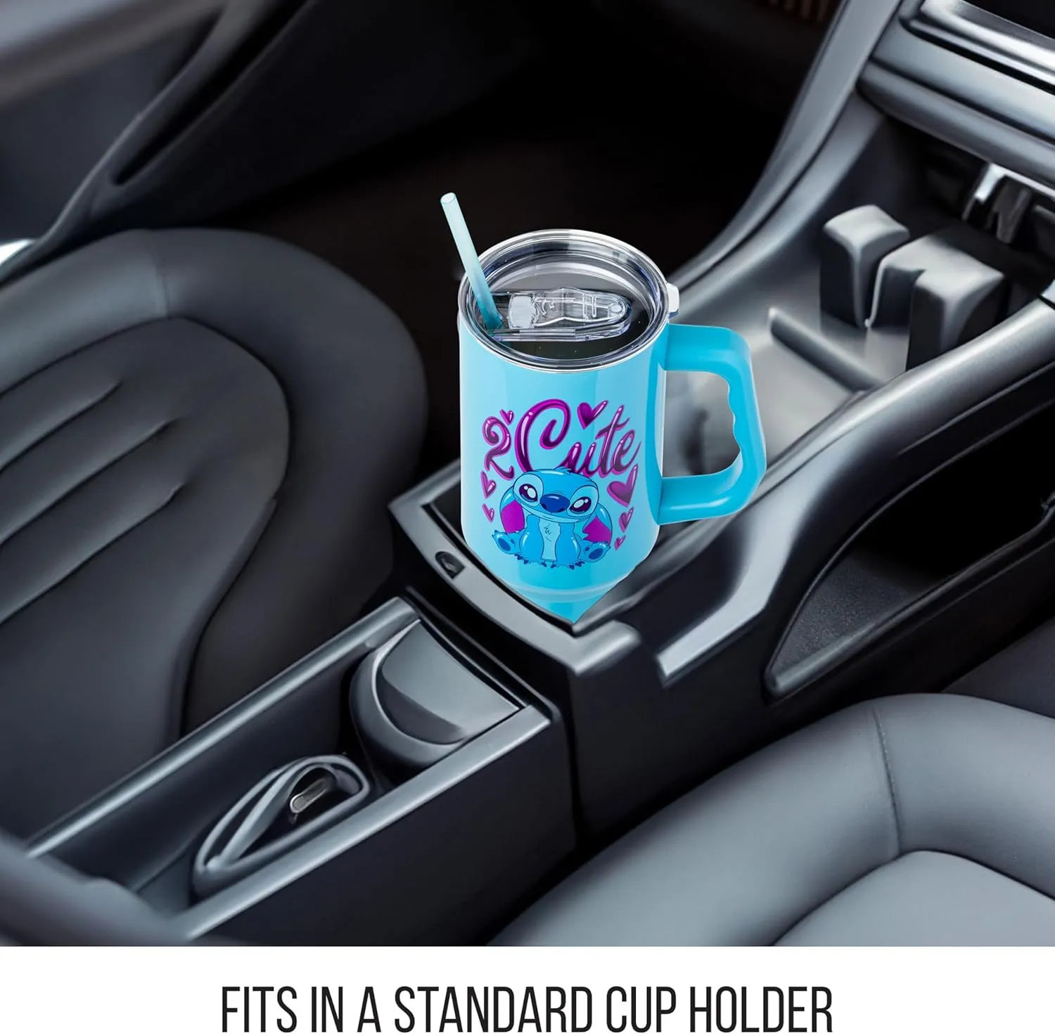 Silver Buffalo Disney Lilo and Stitch 2 Cute Kawaii Stitch Sitting Stainless Steel Tumbler with Handle and Straw, Fits in Standard Cup Holder, 40 Ounces