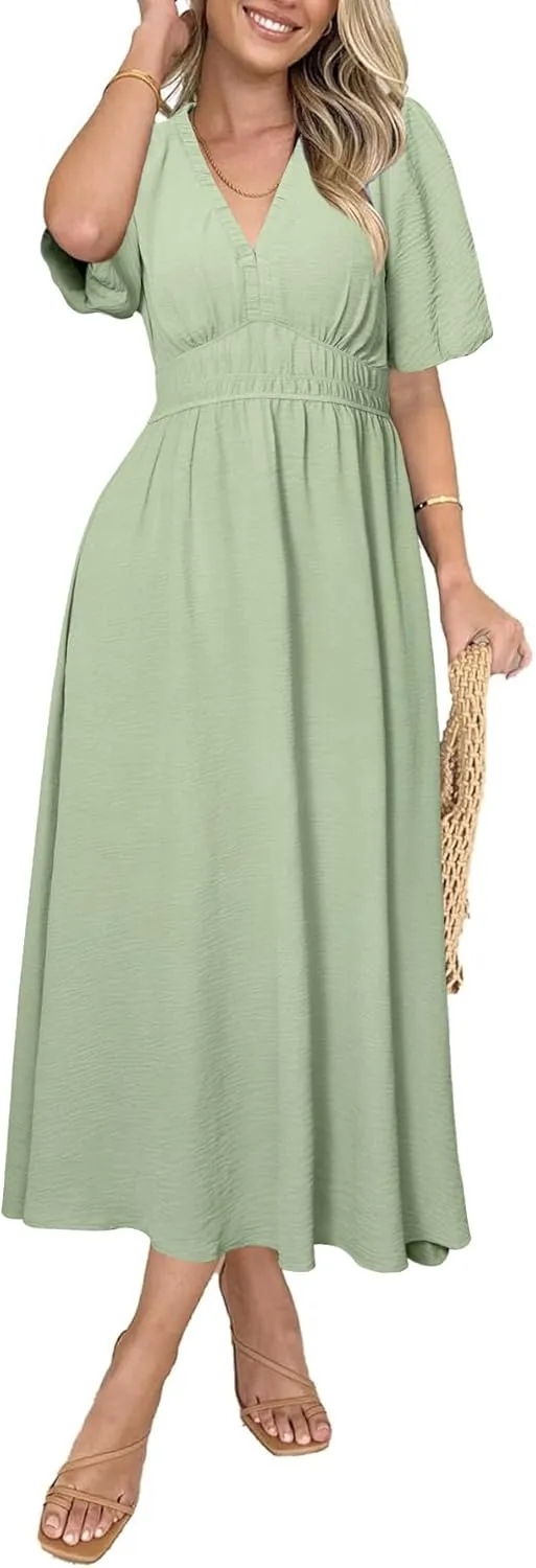 Simplee Women's Summer Flowy Midi Dress Casual V Neck Short Sleeve Empire Waist Boho Beach Dress Wedding Guest Maxi Dress