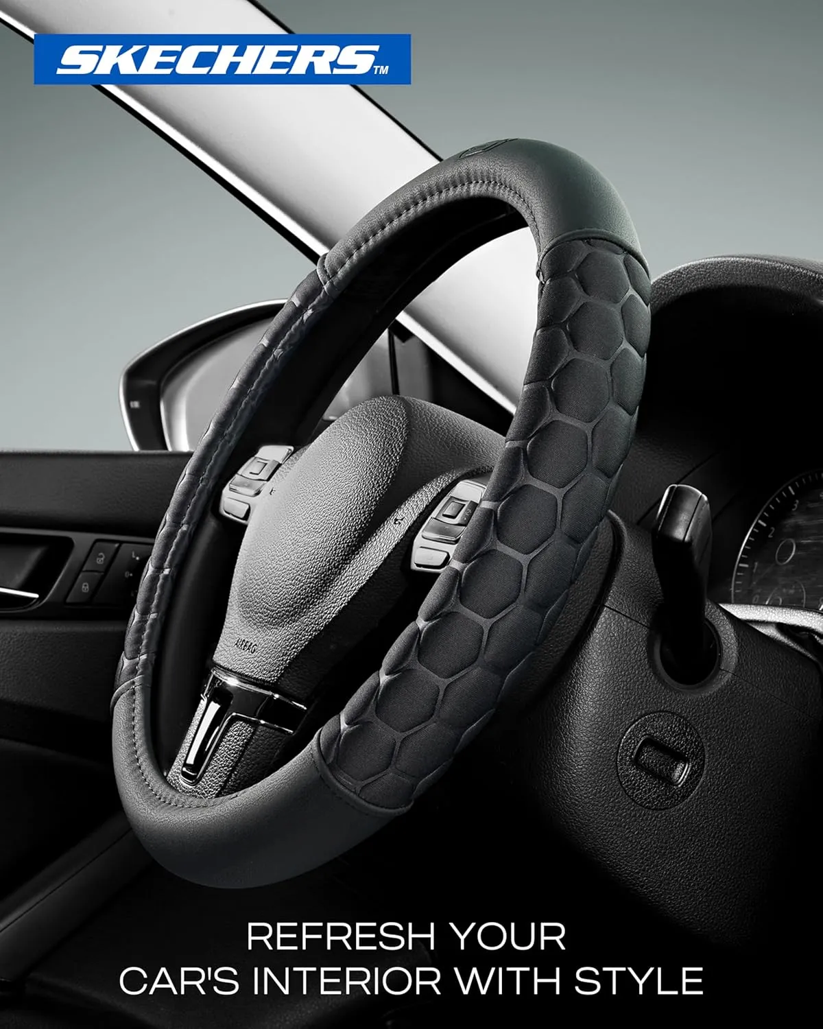 Skechers Steering Wheel Cover,Leather Car Steering Wheel Covers,14.5-15inch Anti-Slip Safety Comfortable Hexcomb Design Universal Fits for 95% Truck,SUV,Cars (Black)