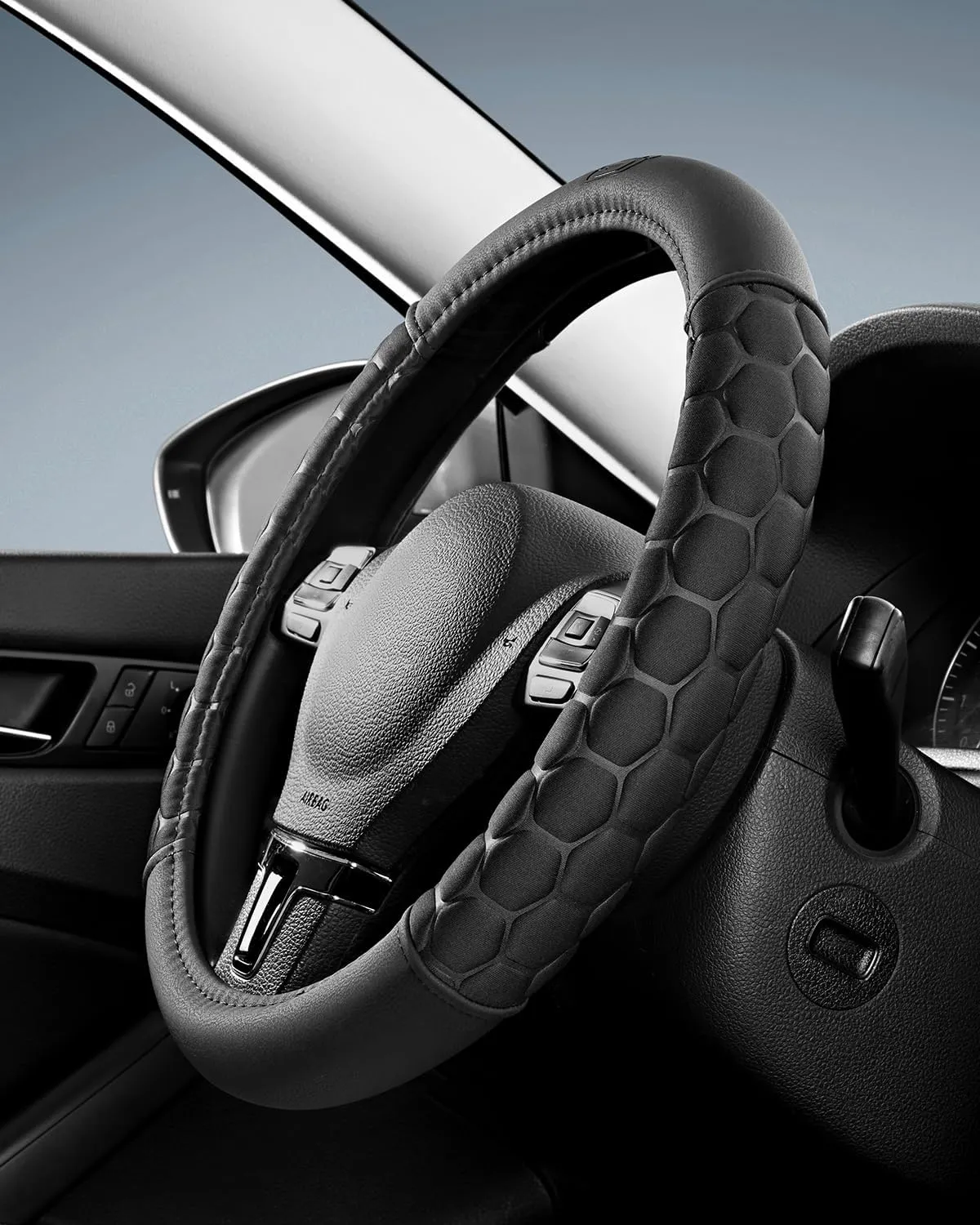 Skechers Steering Wheel Cover,Leather Car Steering Wheel Covers,14.5-15inch Anti-Slip Safety Comfortable Hexcomb Design Universal Fits for 95% Truck,SUV,Cars (Black)