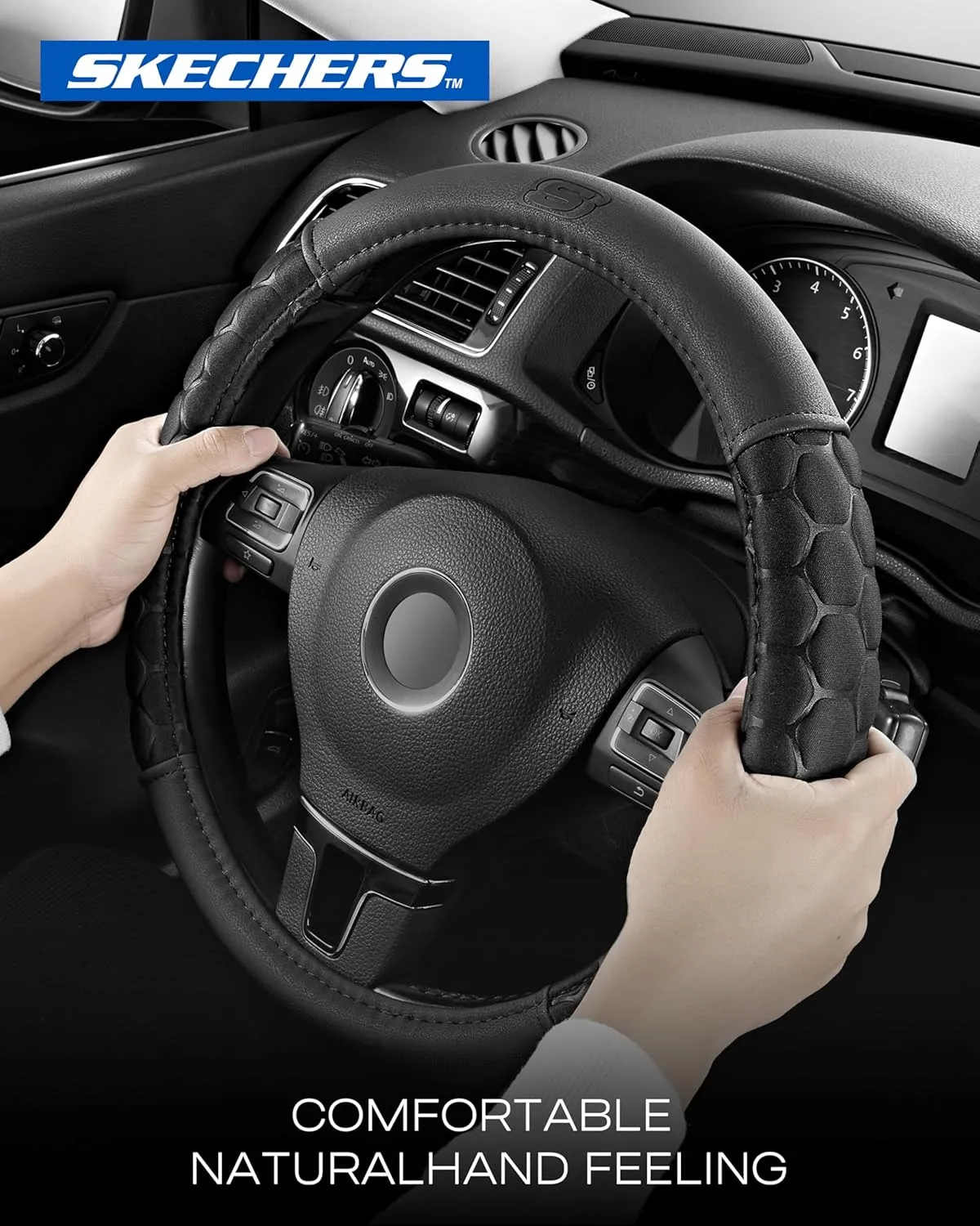 Skechers Steering Wheel Cover,Leather Car Steering Wheel Covers,14.5-15inch Anti-Slip Safety Comfortable Hexcomb Design Universal Fits for 95% Truck,SUV,Cars (Black)