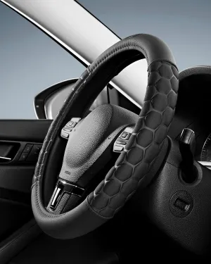Skechers Steering Wheel Cover,Leather Car Steering Wheel Covers,14.5-15inch Anti-Slip Safety Comfortable Hexcomb Design Universal Fits for 95% Truck,SUV,Cars (Black)