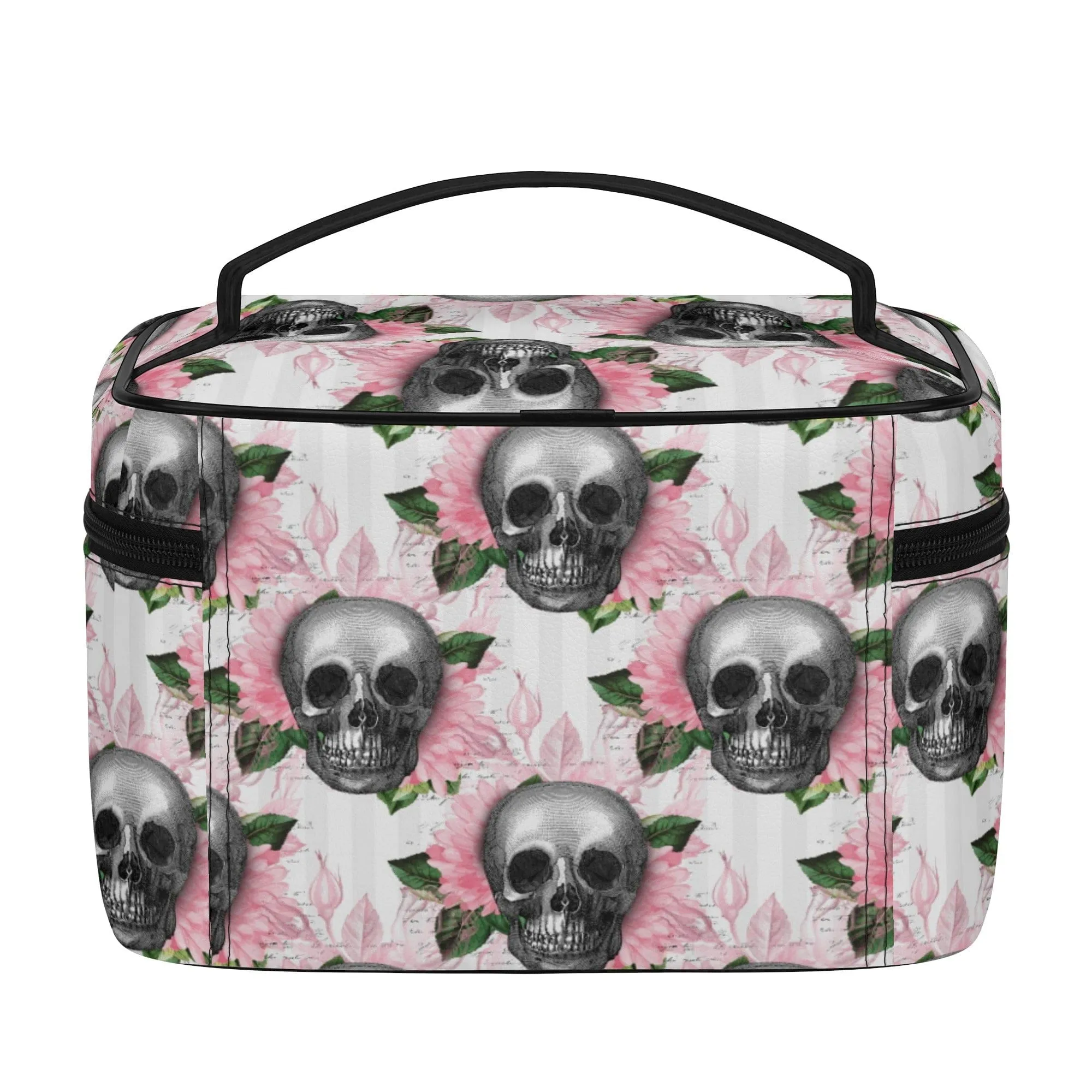 Skull Pink Floral Leather Cosmetic Bag