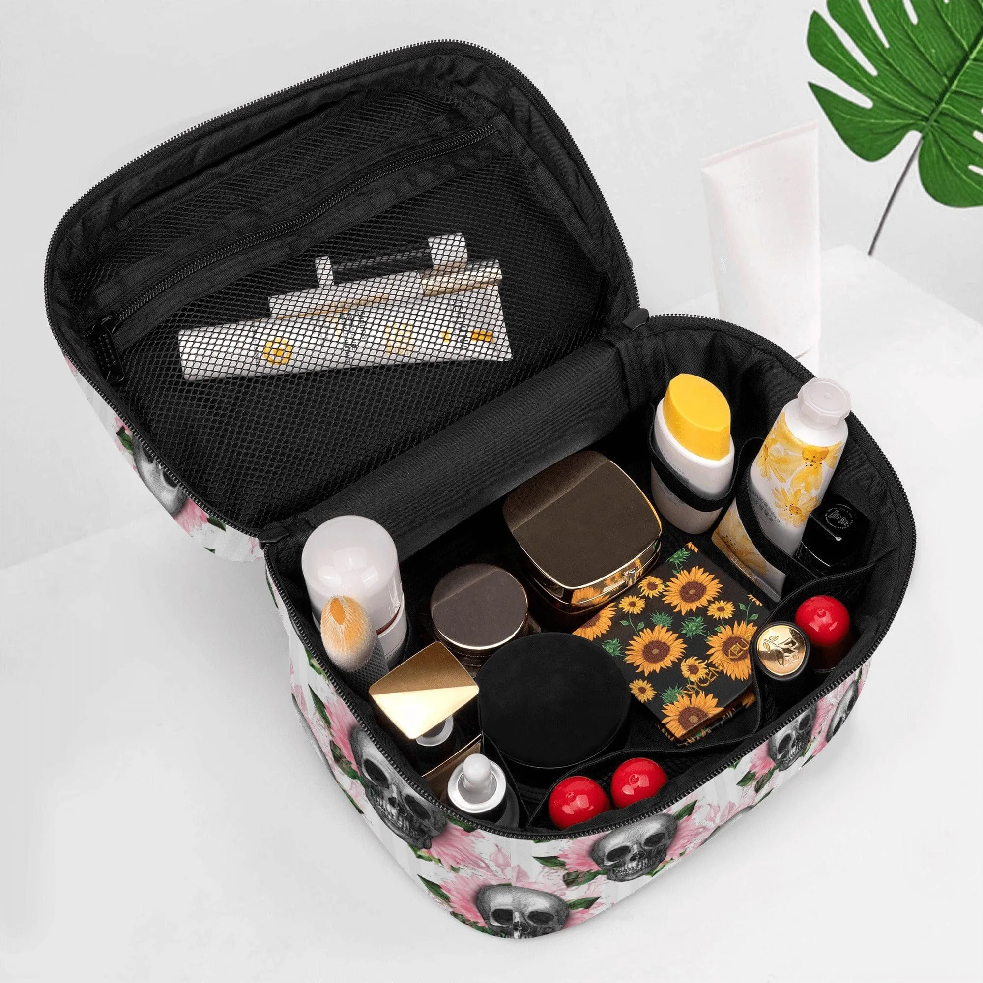 Skull Pink Floral Leather Cosmetic Bag
