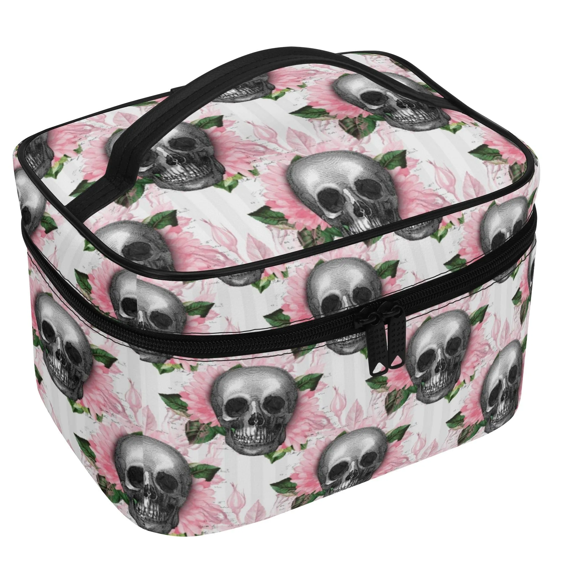 Skull Pink Floral Leather Cosmetic Bag