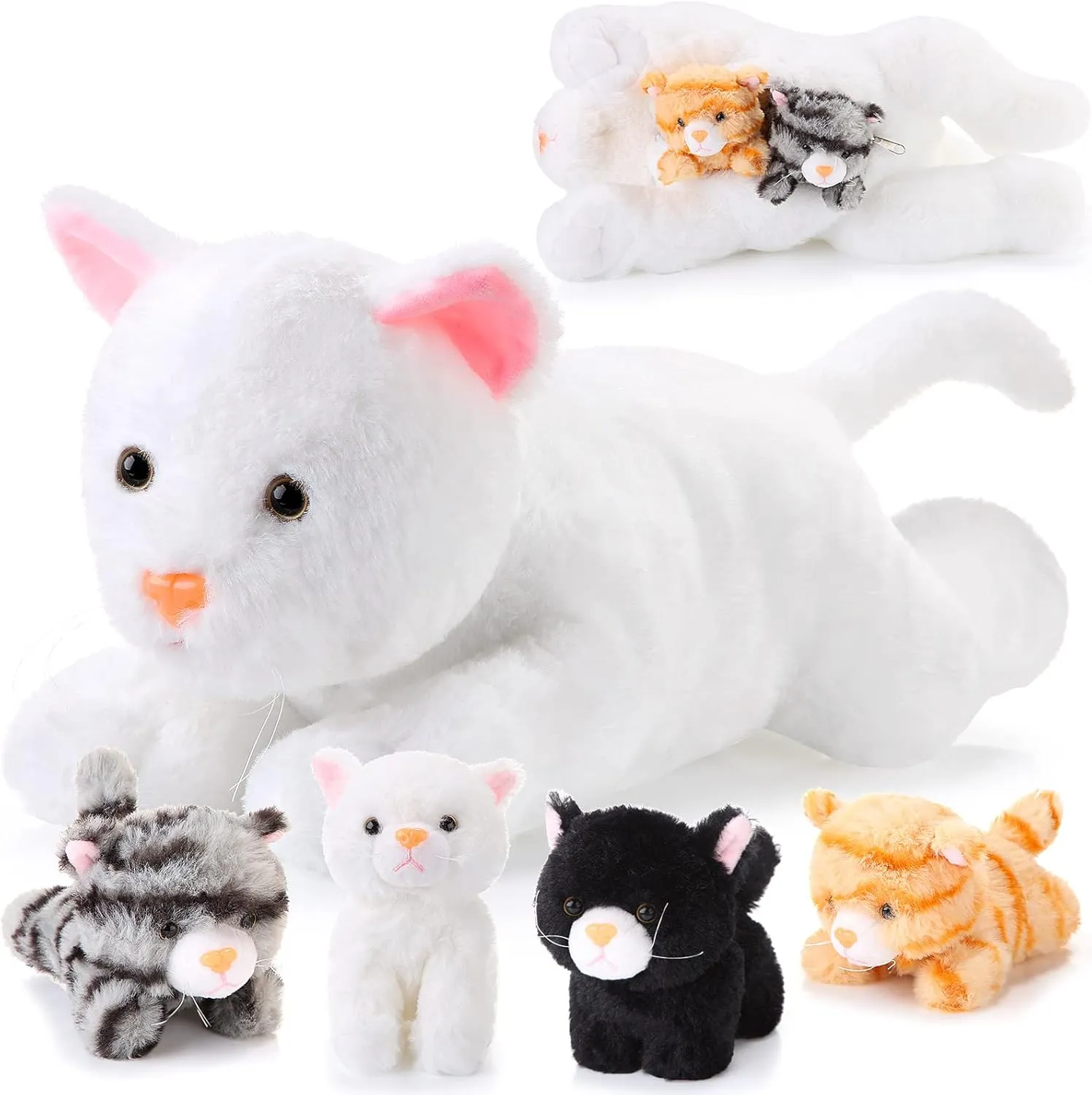 Skylety 5 Pieces Cat Stuffed Animal with Babies Inside Belly Pregnant Cat Plush Mommy Kitty with 4 Cute Fluffy Stuffed Kittens Easter Birthday Surprise Gifts(White)