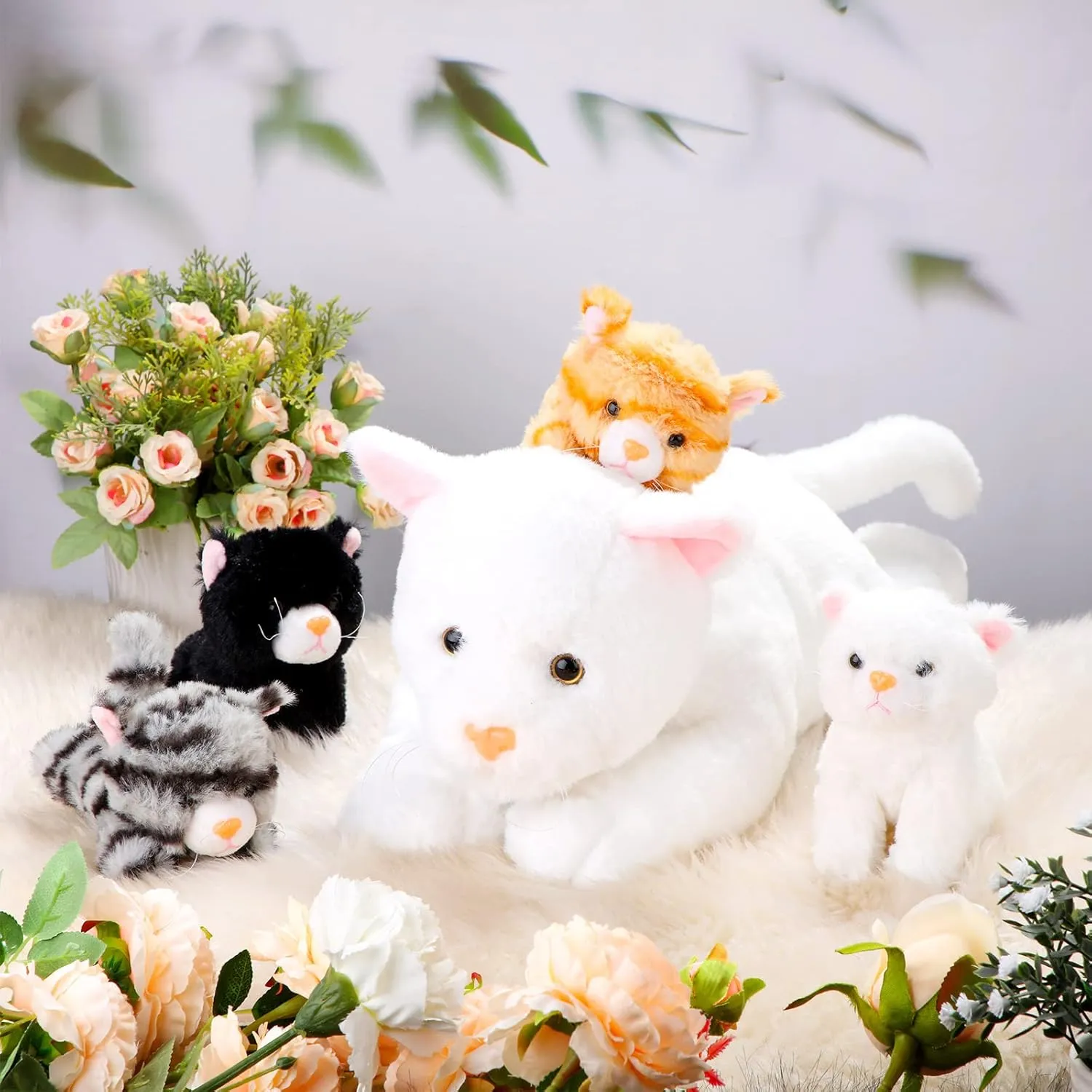 Skylety 5 Pieces Cat Stuffed Animal with Babies Inside Belly Pregnant Cat Plush Mommy Kitty with 4 Cute Fluffy Stuffed Kittens Easter Birthday Surprise Gifts(White)