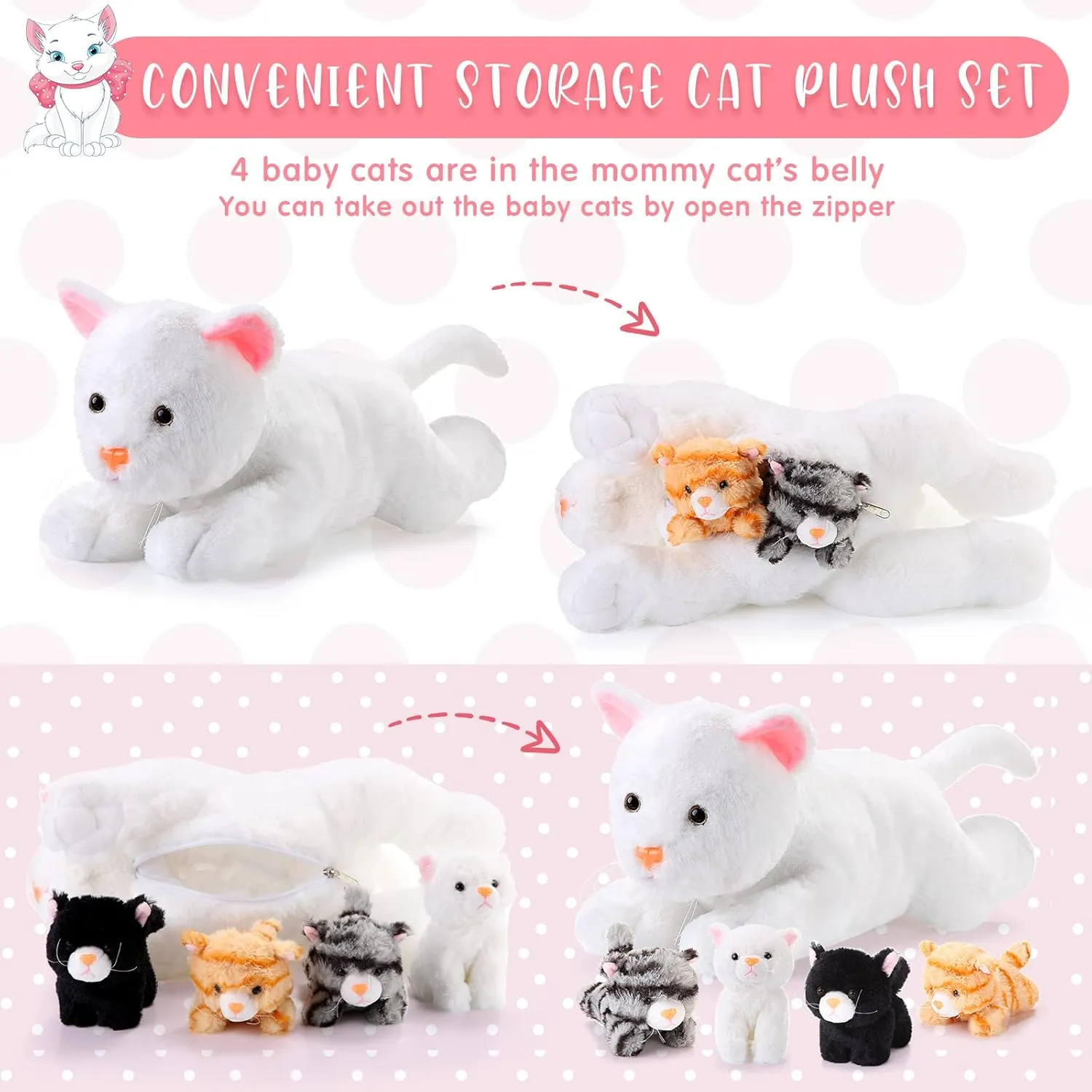 Skylety 5 Pieces Cat Stuffed Animal with Babies Inside Belly Pregnant Cat Plush Mommy Kitty with 4 Cute Fluffy Stuffed Kittens Easter Birthday Surprise Gifts(White)
