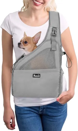 SlowTon Pet Dog Sling Carrier, Hands Free Hard Bottom Papoose Small Animal Puppy Up to 6 lbs Travel Bag Tote Breathable Mesh Support Adjustable Padded Strap Pocket Safety Belt Machine Washable