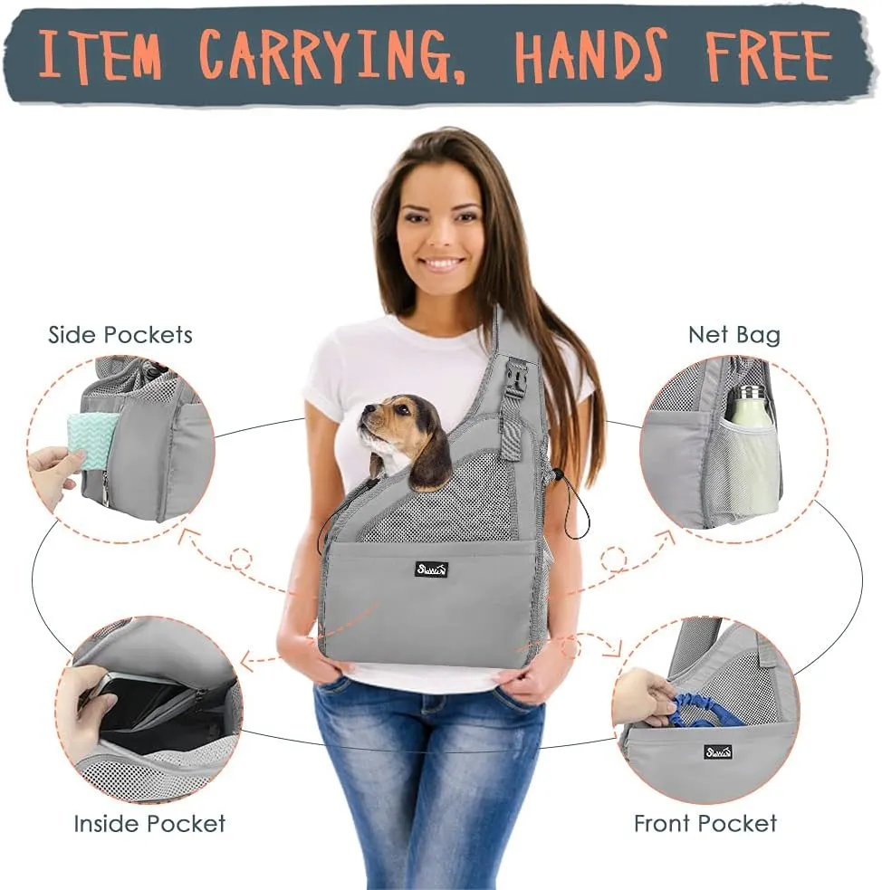 SlowTon Pet Dog Sling Carrier, Hands Free Hard Bottom Papoose Small Animal Puppy Up to 6 lbs Travel Bag Tote Breathable Mesh Support Adjustable Padded Strap Pocket Safety Belt Machine Washable