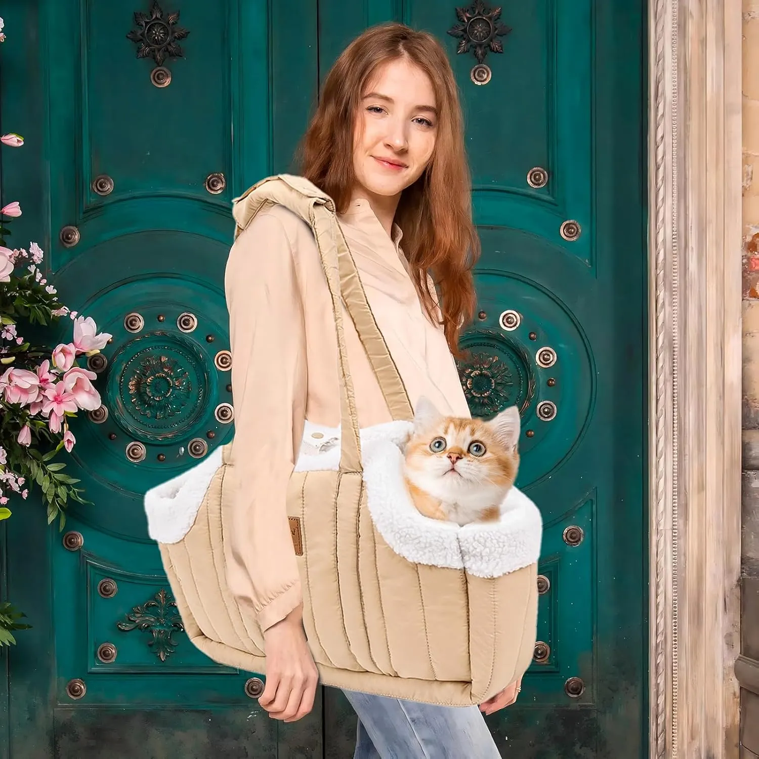 Small Dog Carrier Purse,Portable Dog Carrier Handbag for Small Dogs,Winter Fleece Warm Dog Tote Bag Carrier with Secure Harness Clip,Pet Travel Handbag for Shopping, Hiking and Walking