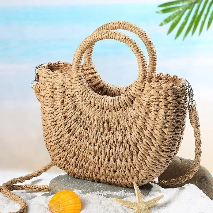 Small Horseshoe Straw Bag, Tan