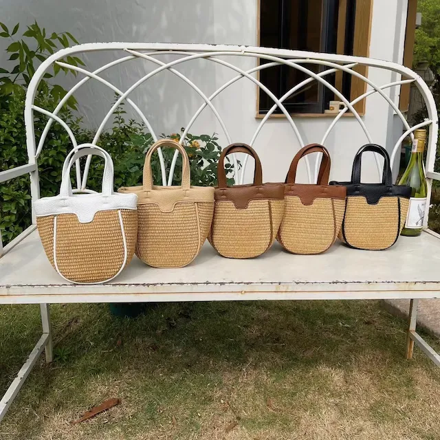 Small Leather Handle Straw Crossbody Bag
