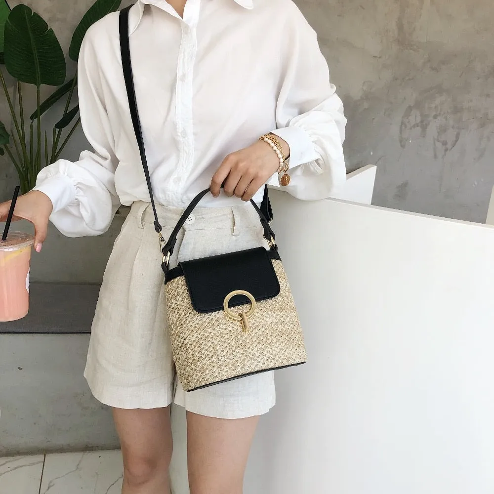 Small Straw Bucket Crossbody Bag