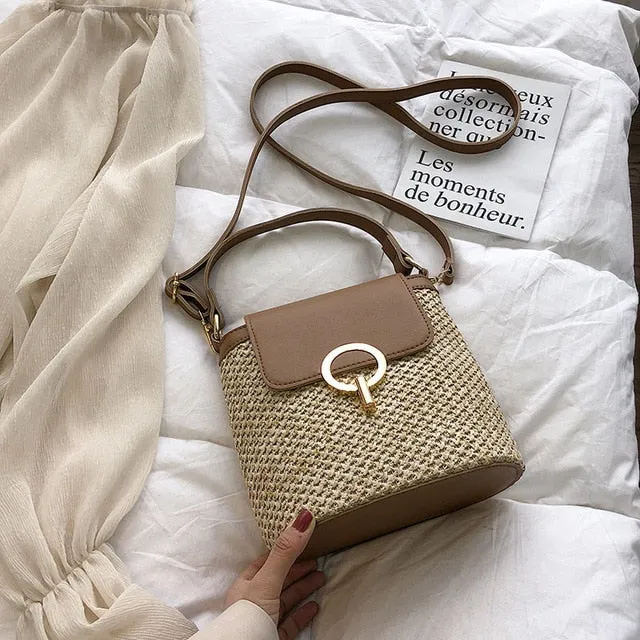 Small Straw Bucket Crossbody Bag