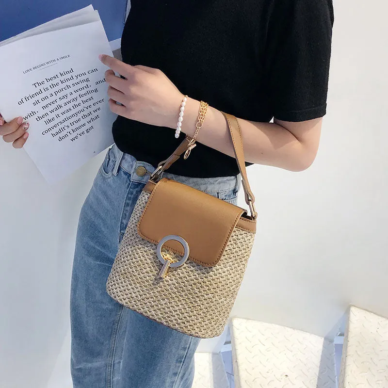 Small Straw Bucket Crossbody Bag