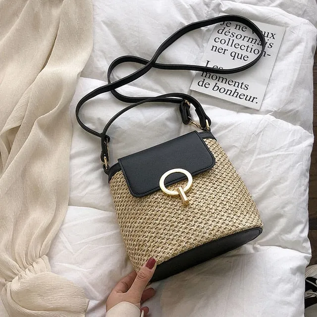 Small Straw Bucket Crossbody Bag
