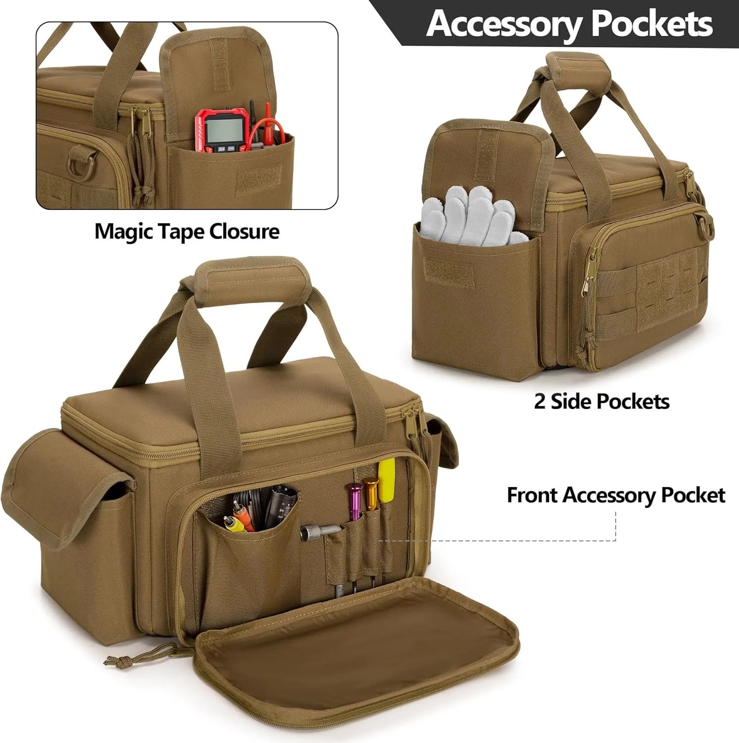 Small Tool Bag with Anti-friction and Thick Padded Bottom, Tool Storage Organizer for Men, Tactical Bag, Range Bag, Multi-functional Work Tote for Repairman, Electrician, Carpenters (Khaki)
